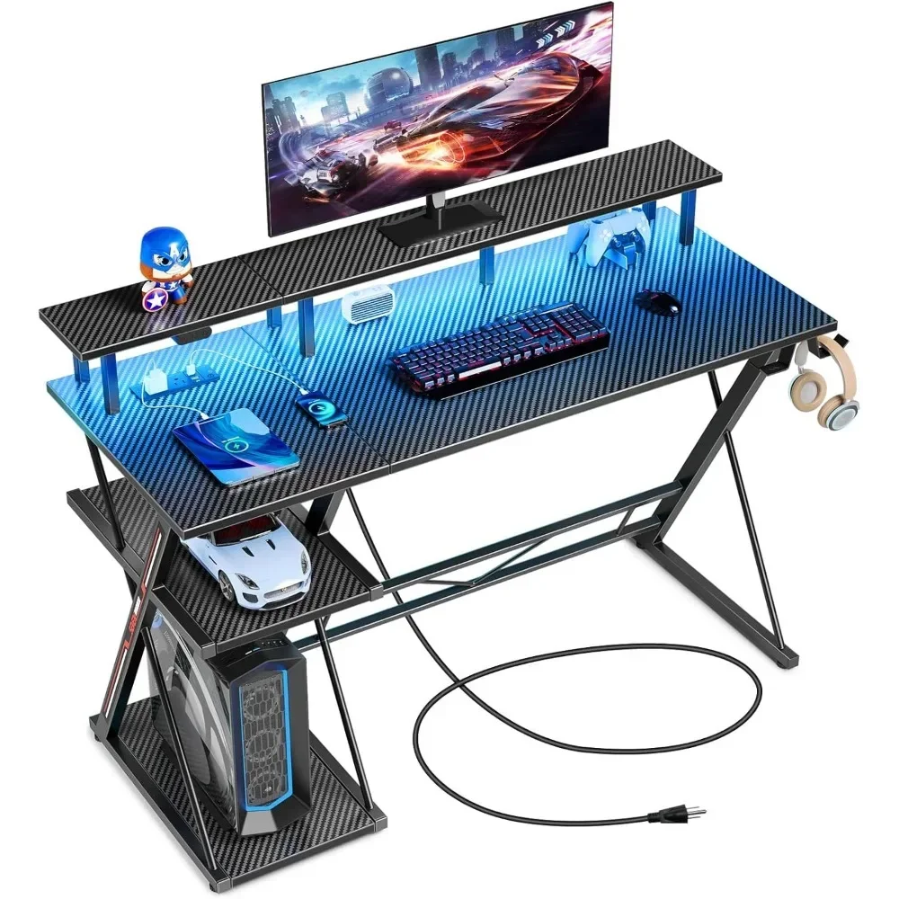 Gaming Desk with LED Lights & Power Outlets, 39