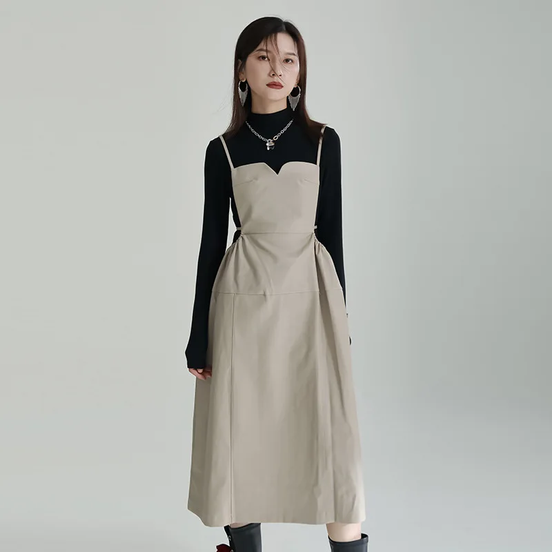 

PU Suspender skirt 2024 spring new niche design sense waist closed three-dimensional large swing dress