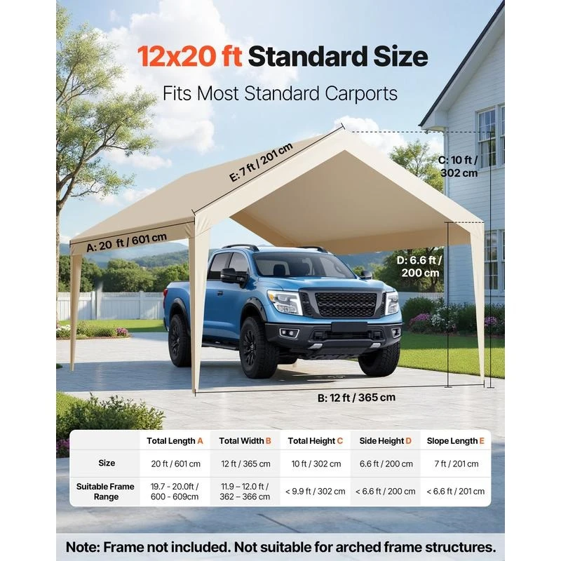 Carport replacement roof, 3.65 x 6.09 m, portable garage tent tarpaulin, UV-resistant car shelter tarpaulin, carport cover with ball catching nets, beige, frame not included - view 8