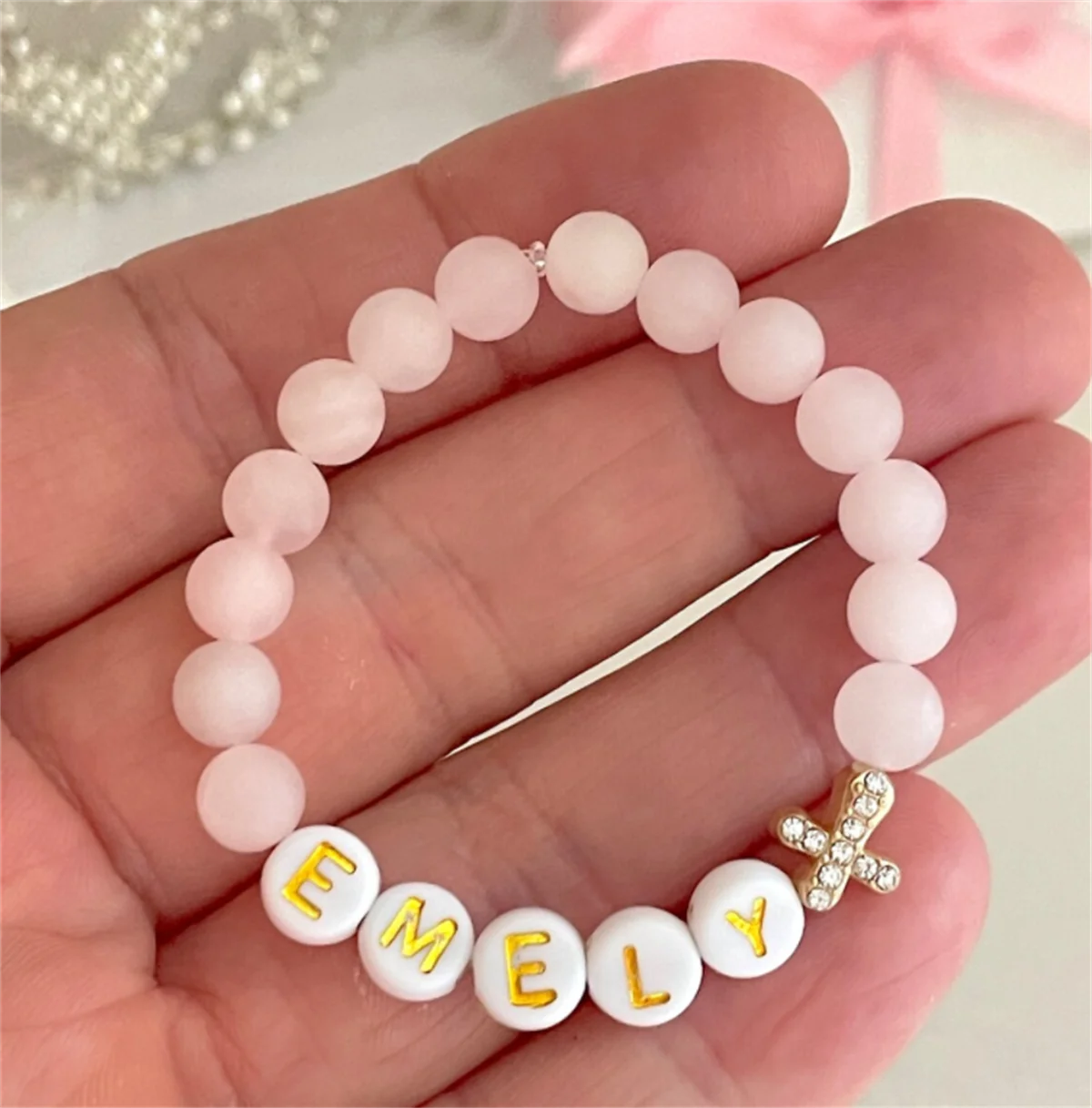 18K Gold Cross Zirconia Rhinestone Girls Bracelet, Pink Rose Quartz Baby Bracelet, Personalized, Baptism gift, Christening, Baby