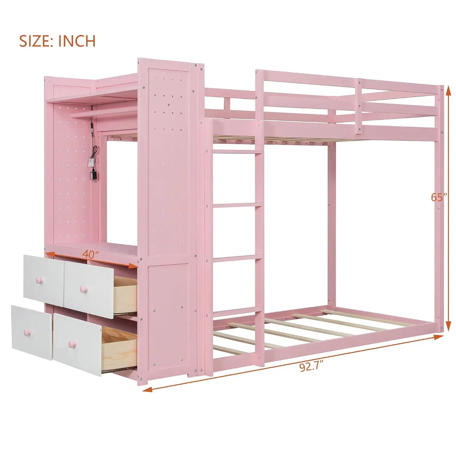 Twin Over Twin Low Bunk Bed with 4 Storage Drawers, Hanging Rail, Solid Wood Floor Bunk Bed Frame with Built-in, Customized