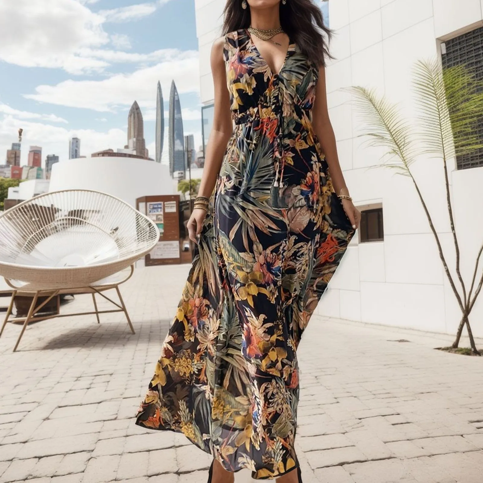 

Summer Women'S Elegant Dress Open Back Sexy Printed Lace A-Line Beach Dress Unique Flower Fashion Vintage Holiday Long Dresses