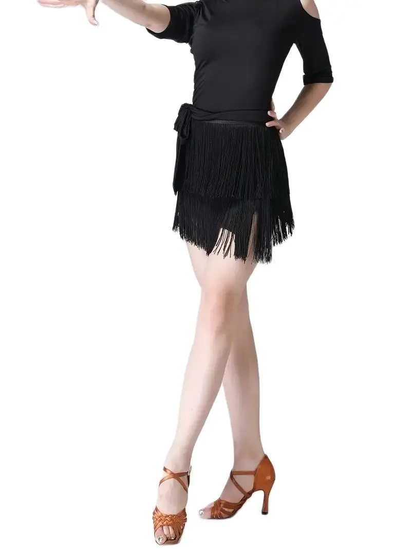 Women Clothing Black Tassel Trim Hip Wrap Skirt 1pc Asymmetrical Hem Latin Tango Ballet Dance Short Skirt