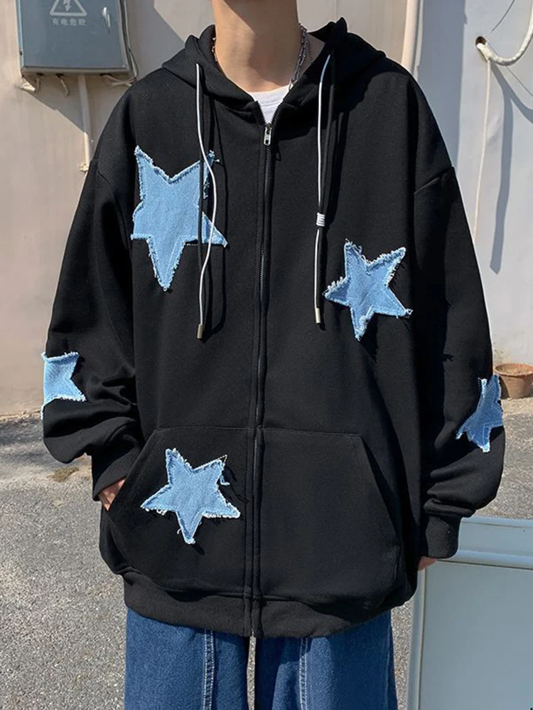 Y2k Hip Hop Women\'s Star Patch Zip Up Hoodie for Women Oversized Sweatshirt Jacket E-Girl 90s Pullover Gothic Streetwear