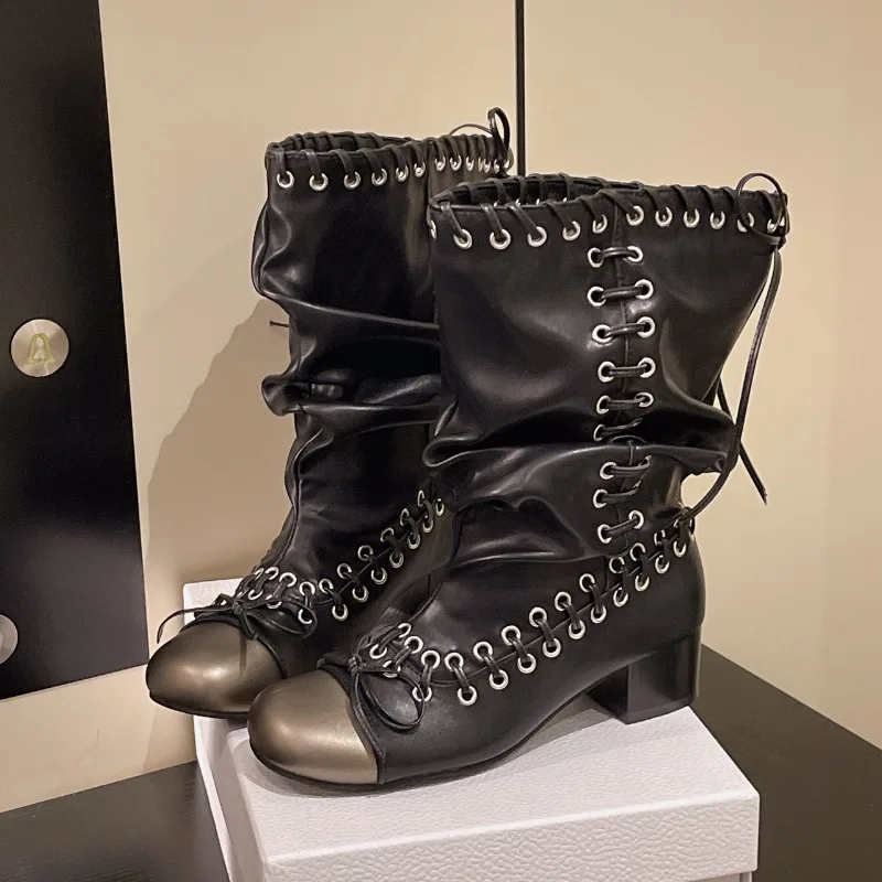 

Square Toe Lace-Up Bow Pleated Fashion Boots Vintage Big Barrel Wrap Block Heel Stack Mid-Barrel Boots for Women