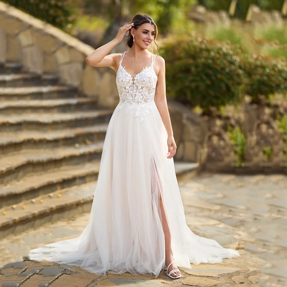 

Boho Wedding Dresses Brides A-Line Spaghetti Straps Bridal Gown Lace Appliques Backless Customized High Slit Sexy Bride Dress