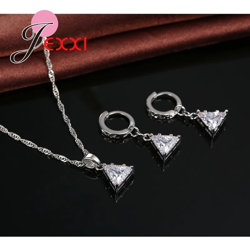 Charm Women Bijouterie Sets Triangle Shape 925 Sterling Silver Necklace Earrings Simple Jewelry Pendant Set