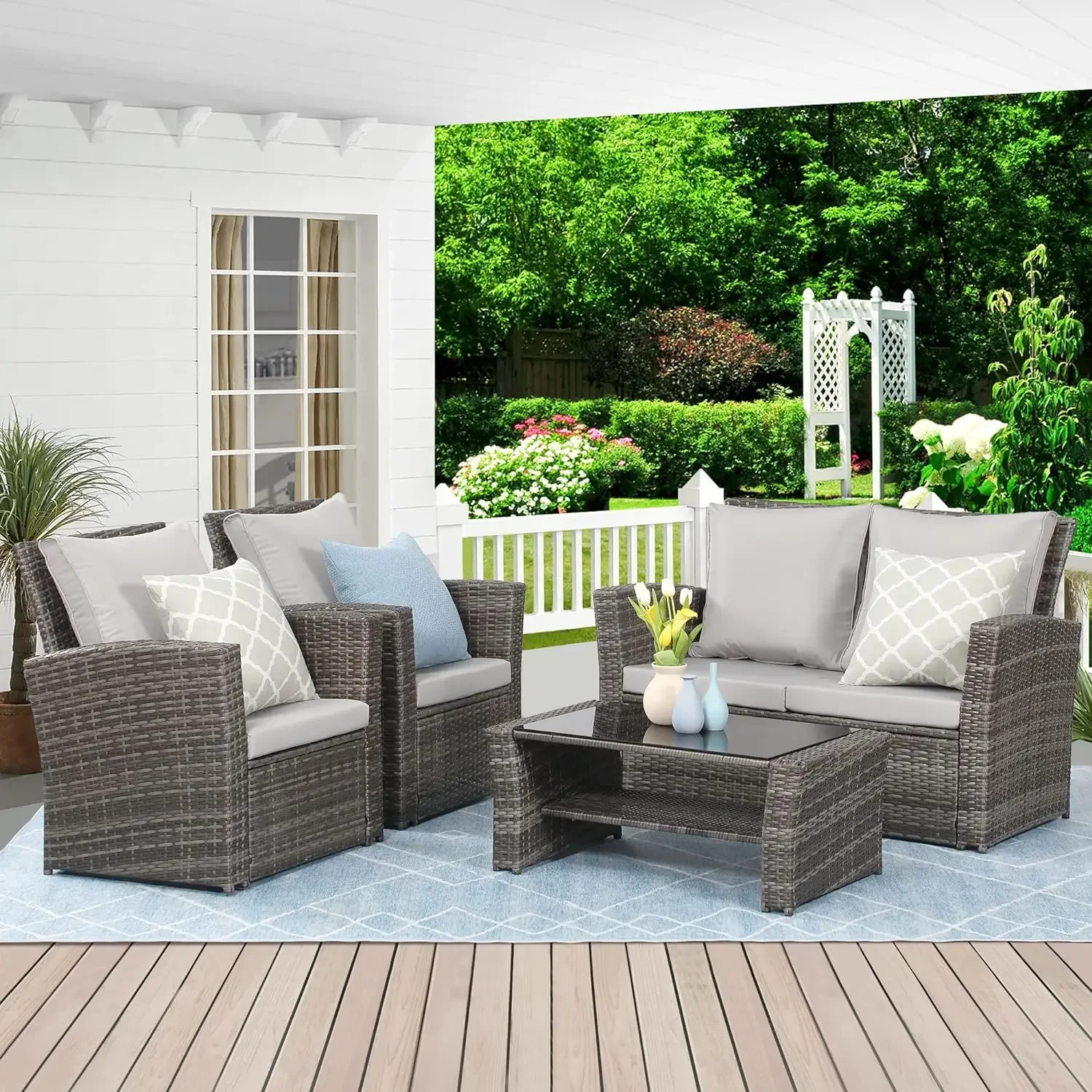 home.Wisteria Lane 4 Piece Outdoor Patio Furniture Sets, Wicker Conversation Set for Porch Deck, Gray Rattan Sofa Chair with Cus