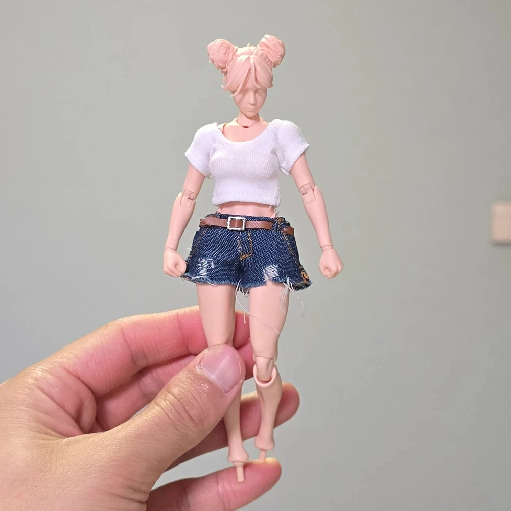 1/12 Scale One Shoulder T-Shirt Denim Shorts Multiple Choices Female Soldiers Clothing Suitable for 6Inch Action Figure Body