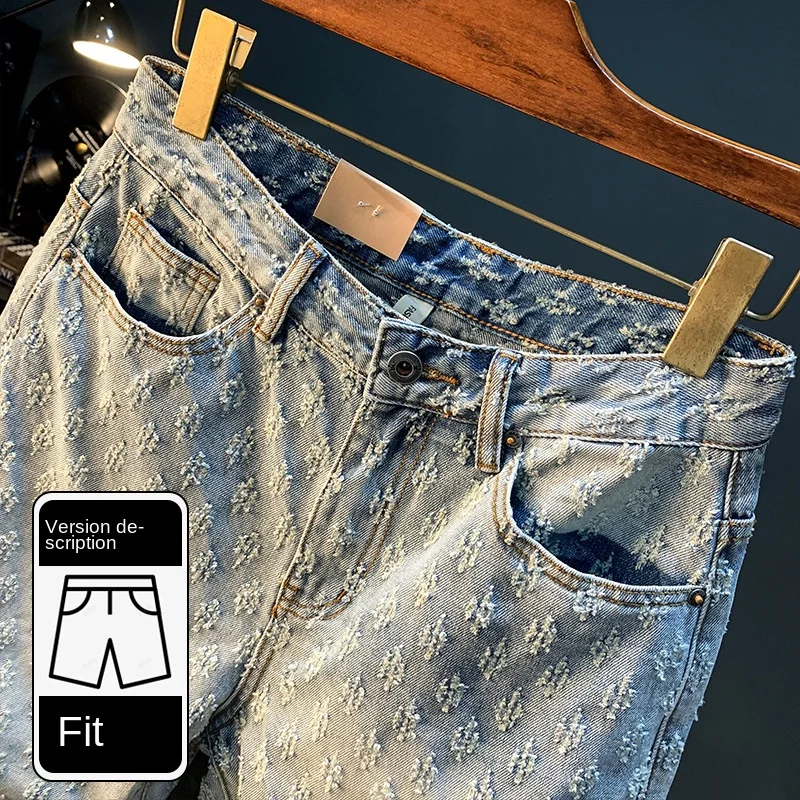 Scratch Denim Shorts Men's Summer Thin Straight Fashion Korean Style TrendsinsStreet Washed-out Vintage Casual Cropped Pants