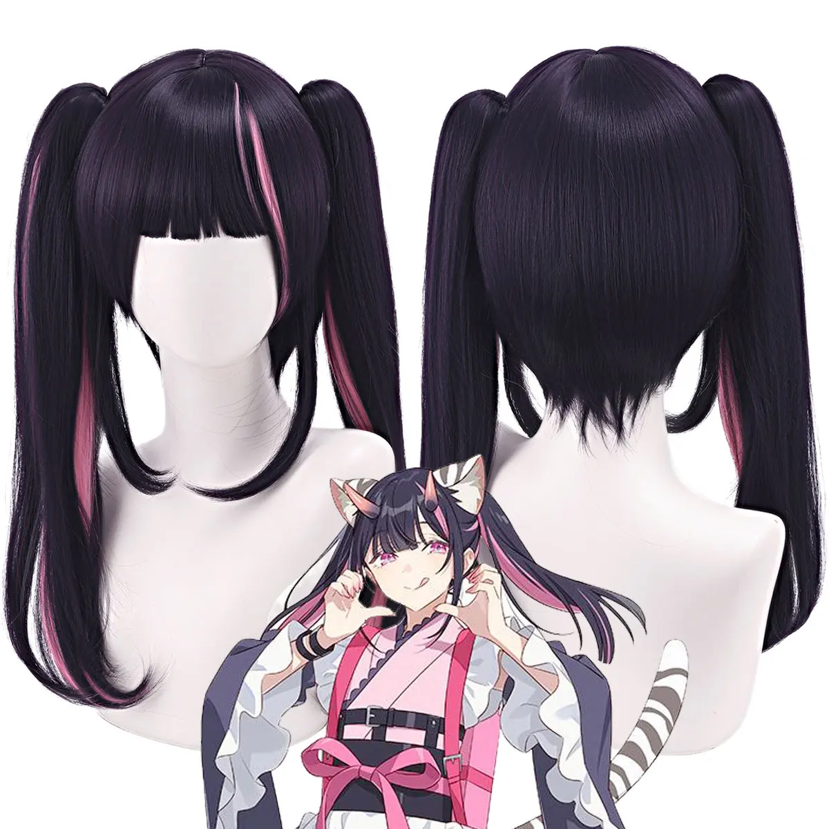 Super Time and Space, Kaguya Hime Juzawa, trägt eine farblich abgesetzte Tiger-Mund-Doppel-Pferdeschwanz-Cosplay-Perücke aus synthetischen Fasern.