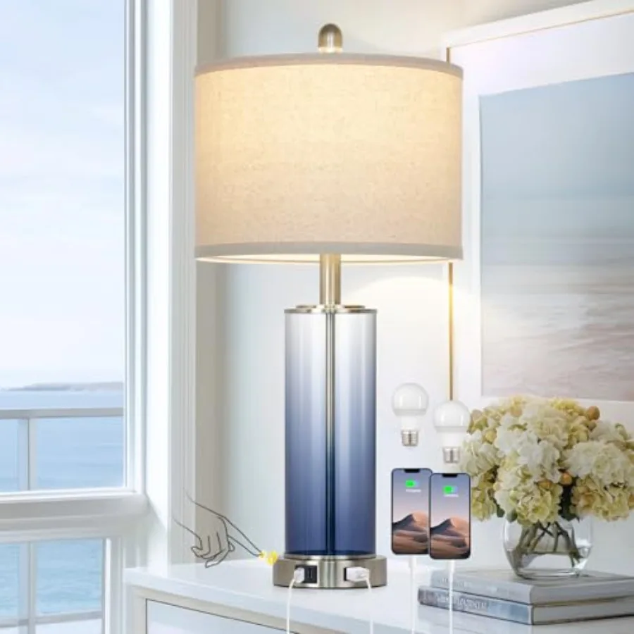 

26" Glass Table Lamp Single, 3-Way Dimmable Touch Control Living Room Lamp with USB C+A Ports and AC Outlet, Coastal Bedside La