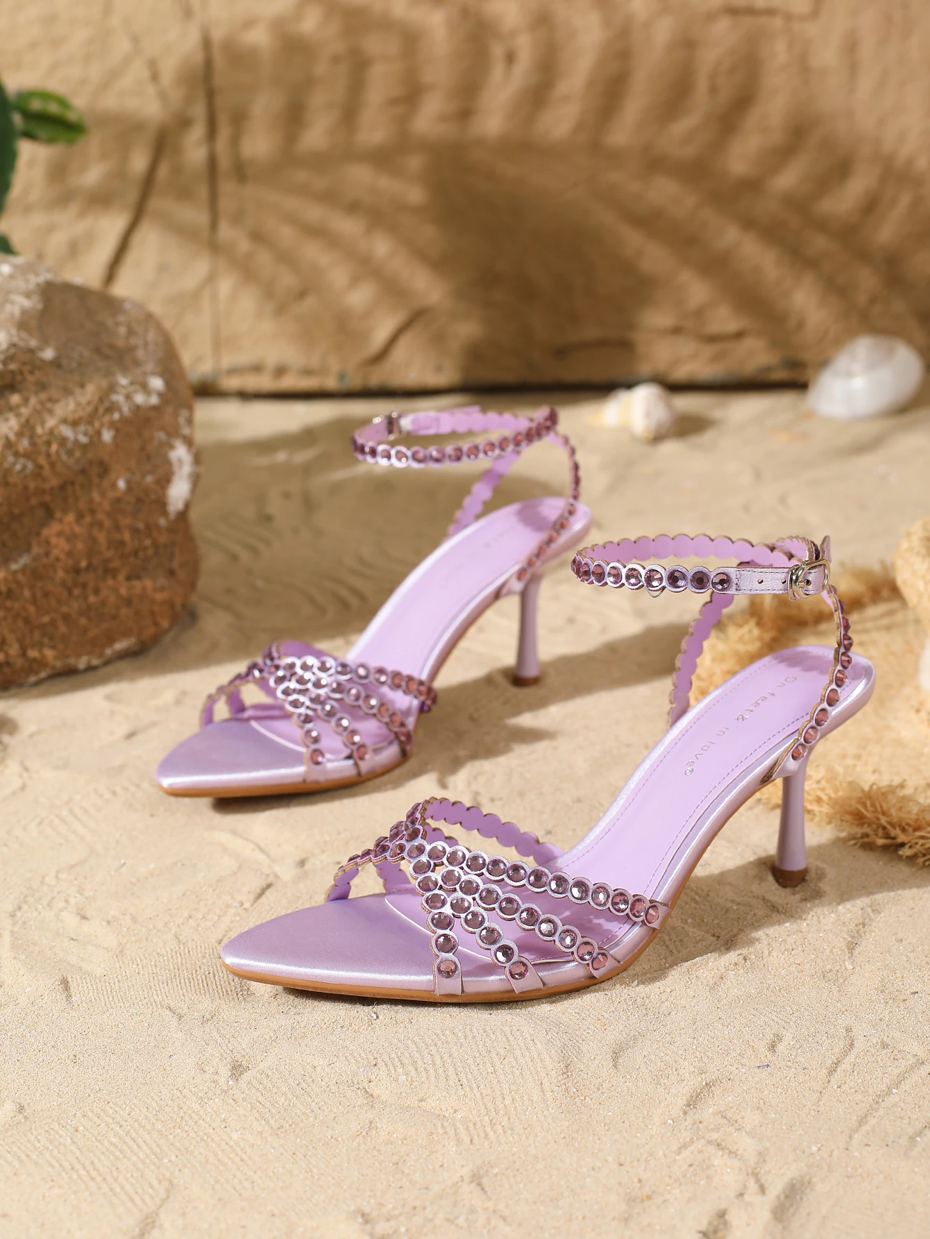 WOMEN LIGHT LAVENDER CRYSTAL RHINESTONE SCALLOP STRAP SANDALS ADJUSTABLE ANKLE BUCKLE STILETTO HEEL EVENING BRIDAL SHOES