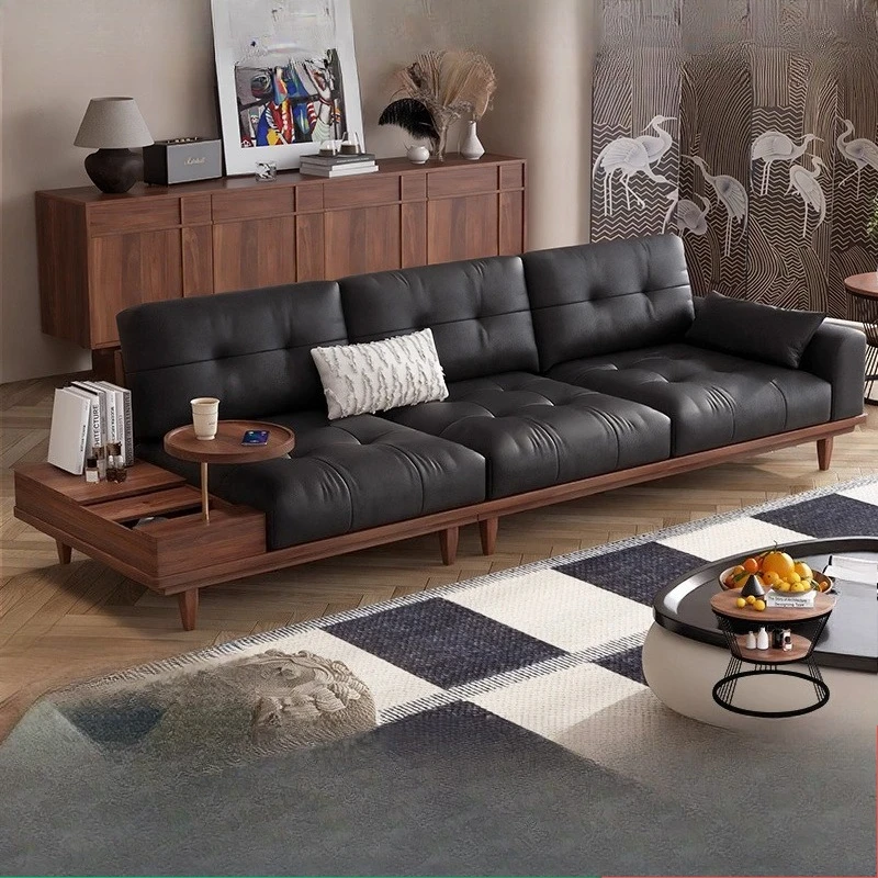 

Retro leather sofa Nordic small apartment modern living room straight row walnut solid wood storage sofa