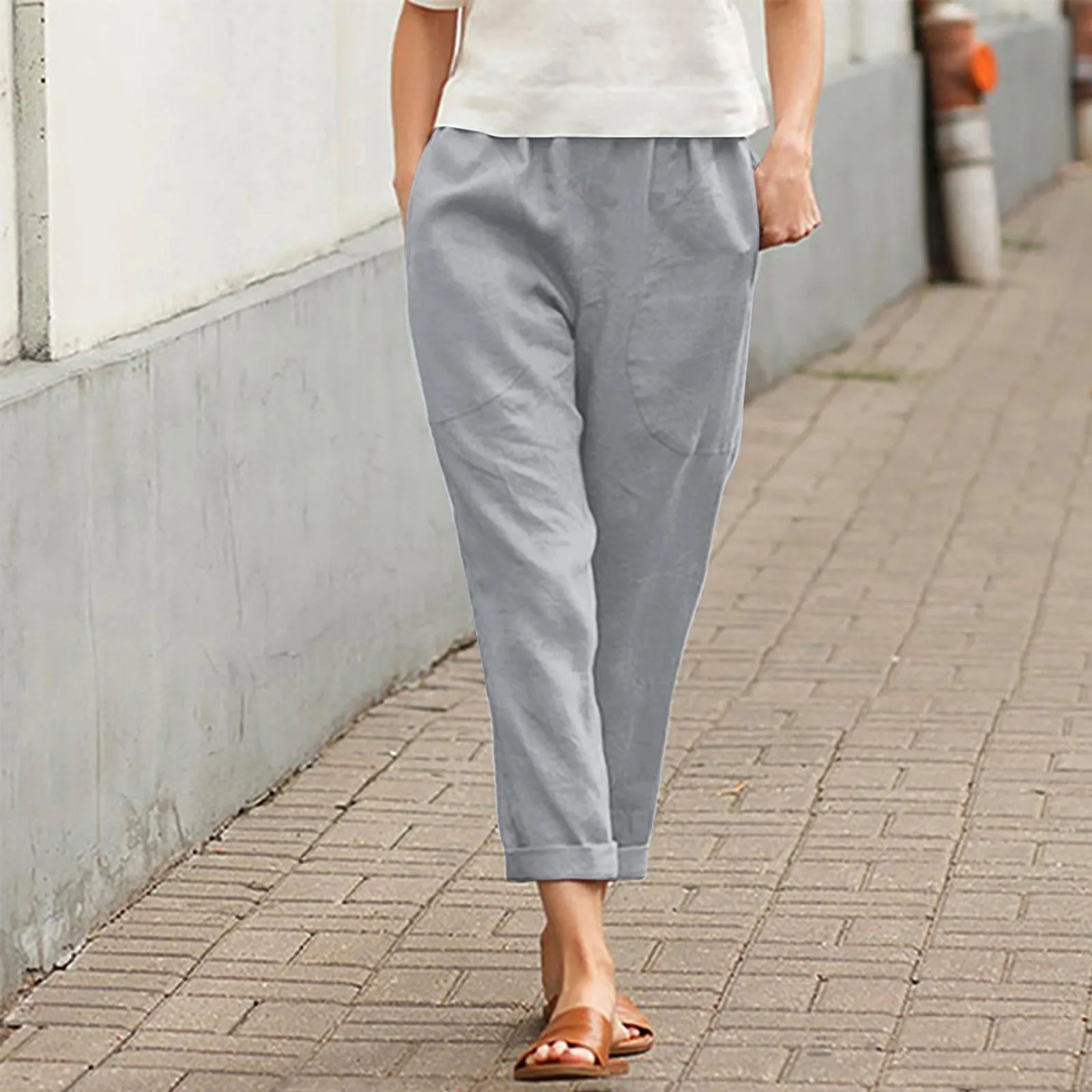 

Spring Summer Women's Cotton Linen Trousers Pants Solid Elastic Waist Oversized Pants Women Straight White Homewear Trousers