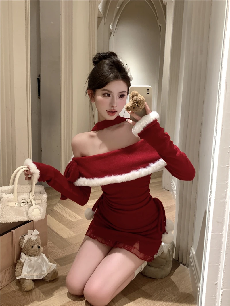 

GkyocQ One Neck Hanging Neck Slim Fit Dress for Women's Autumn and Winter New Style Spliced Fur Covered Buttocks Dresses