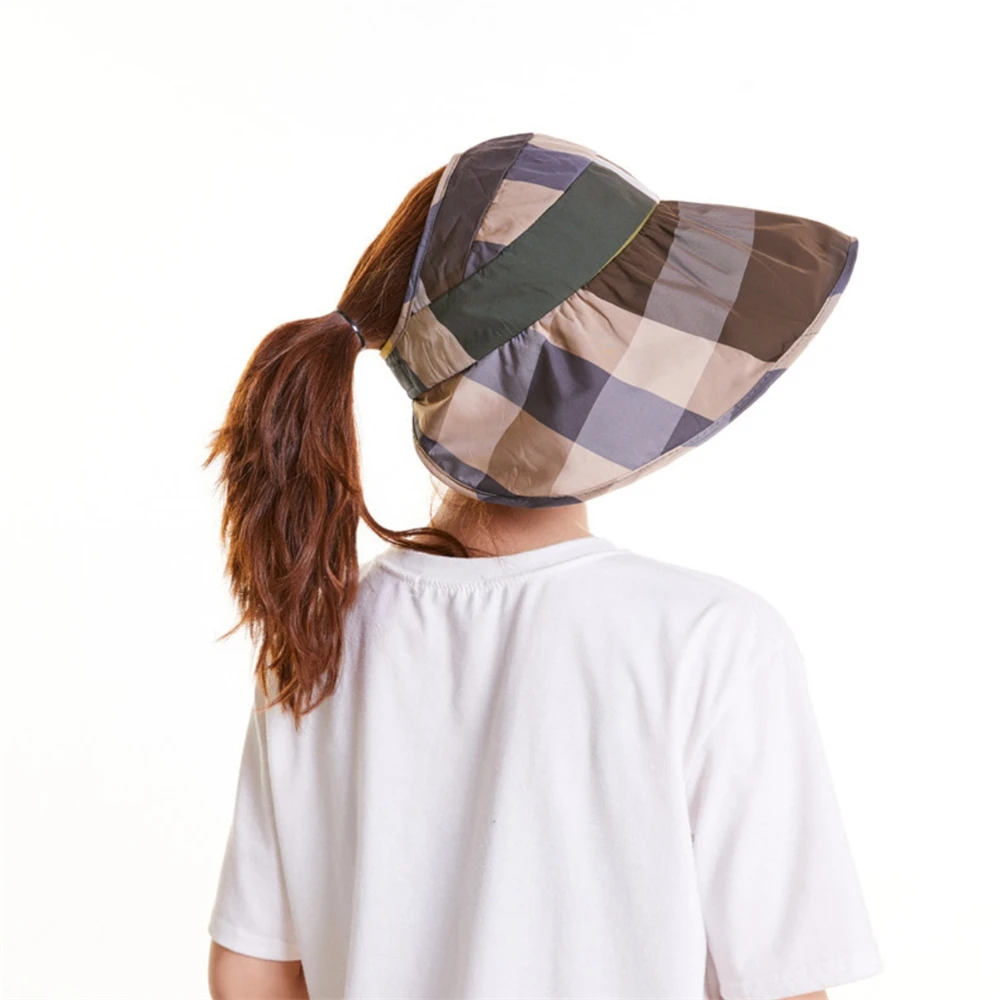 Sombrero de cubo plegable a cuadros para mujer, visera de protección solar para vacaciones en la playa, gorra clásica de ala grande, sombreros de