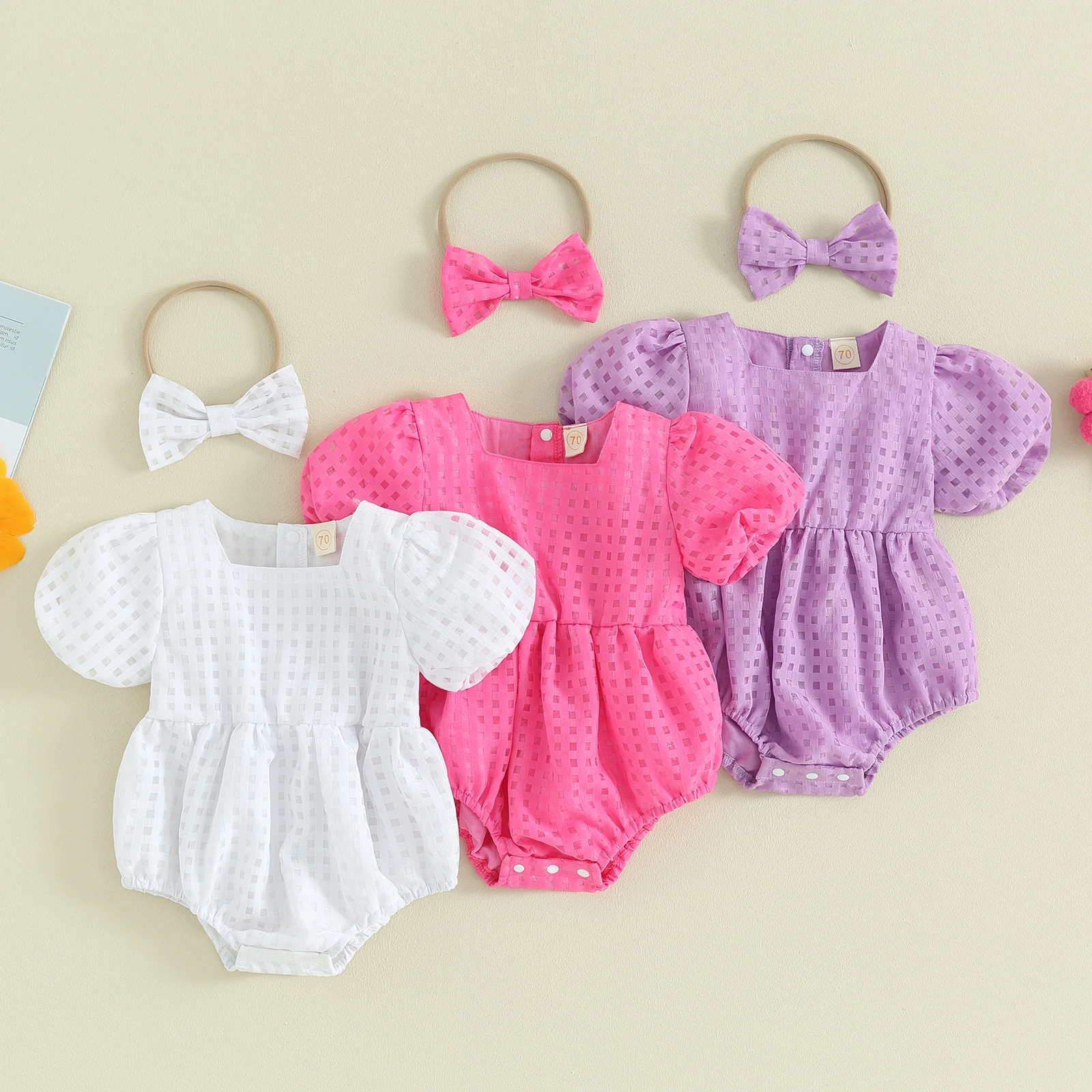 

Infant Baby Girl Summer Clothes Mesh Plaid Short Puff Sleeve Square Neck Romper with Bow Headband Jumpsuit