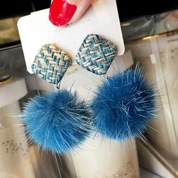 Winter Cute Hairball Dangle Earrings Beige Pink Blue Pompom Mink Ball Drop Earrings Gift For Women Korean 2023 Earrings Jewelry