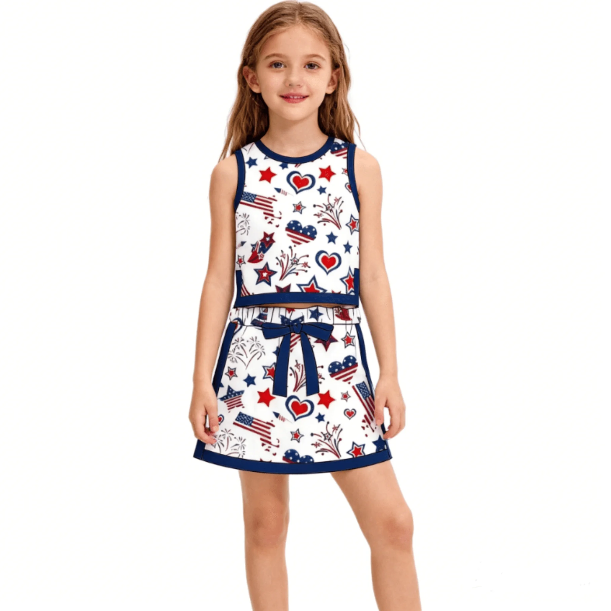 July 4th Independence Day New Children's Clothing Star and Flag Print Sleeveless Top and Skirt Girls Summer Boutique Set