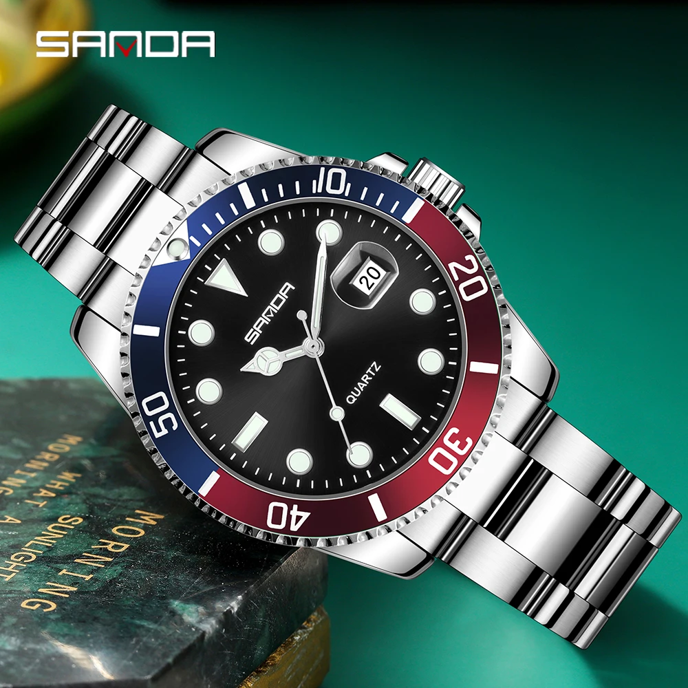 

SANDA Новинка 1099 года, модные мужские кварцевые часы с зеленым водным призраком, водостойкий ночник, календарь, мужские кварцевые часы 2025
