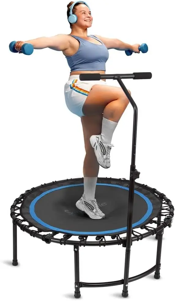 

40" Foldable Mini Trampoline for Adults - Compact Fitness Rebounder with Reinforced Bungees & Adjustable Safety Handle - Sta