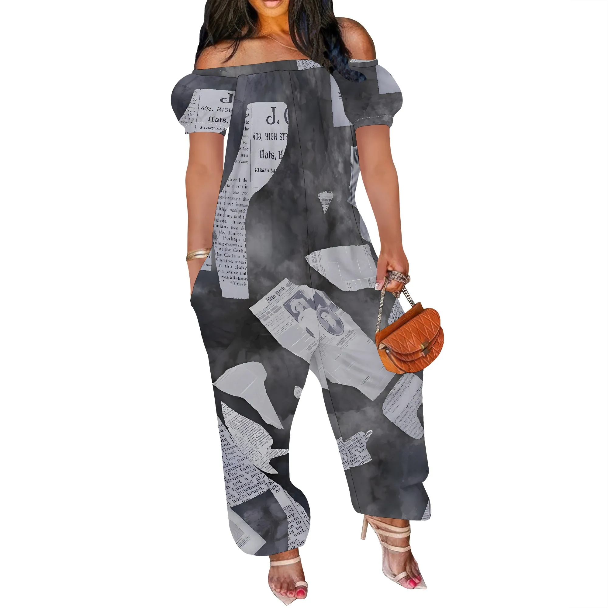 Off Shoulder Jumpsuits for Women Floral Printed Short Sleeve Summer Plus Size One Piece Jumpsuits with Pocket