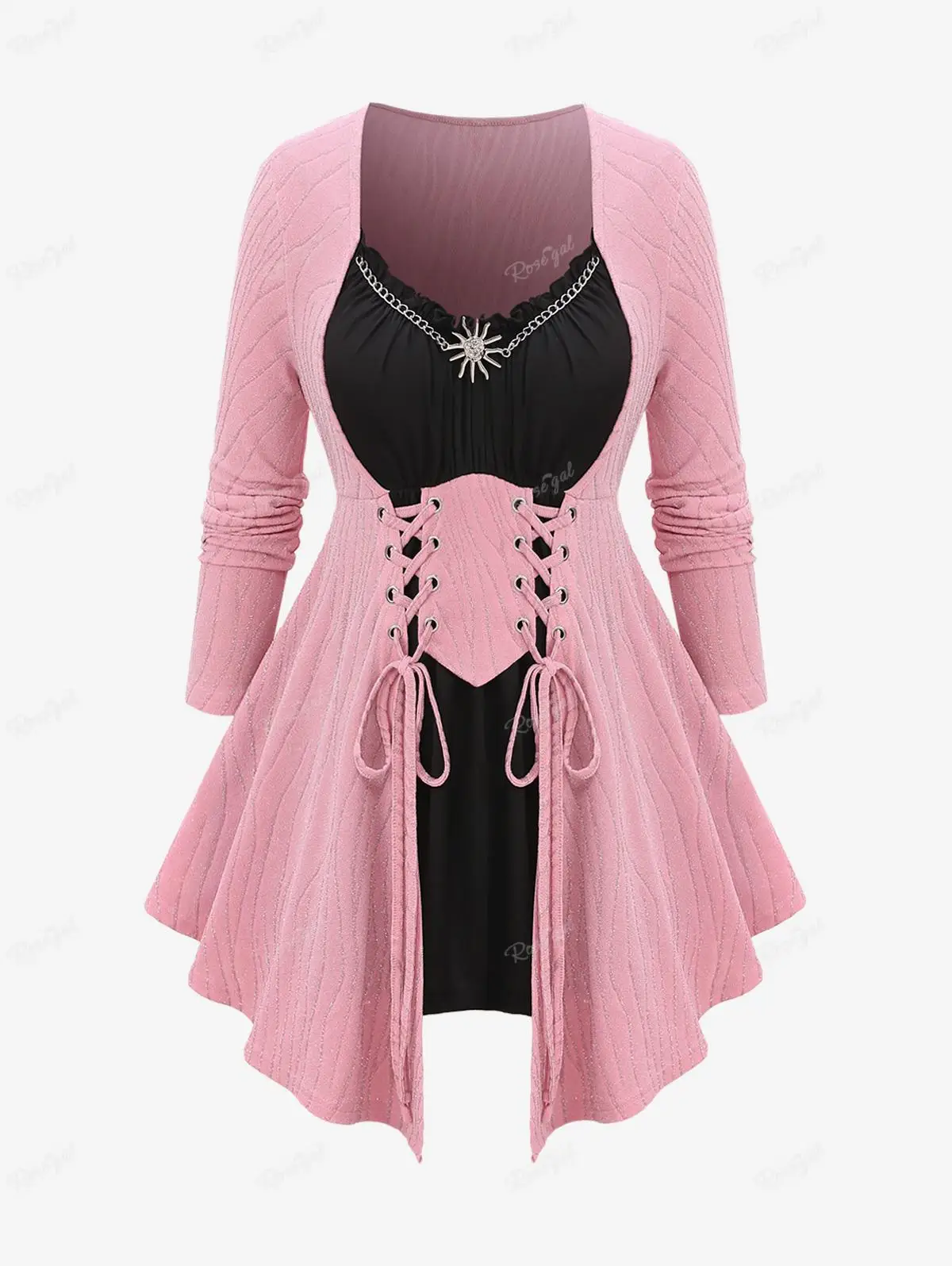 

ROSEGAL Plus Size Textured Lace Up T-shirt Light Pink Sun Chain Ruched Tops 2024 New Women Fall,Spring Casual Patchwork Tees 4XL