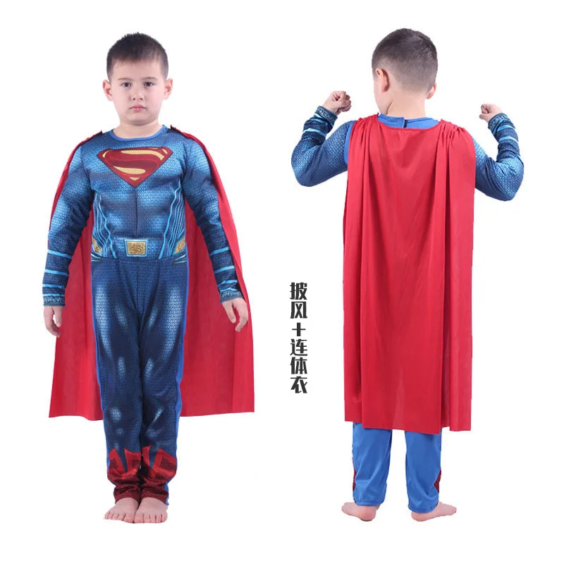 Hete Verkoop Film Jongens Captain Super Held Cosplay Blauwe Muscle Jumpsuit Kostuum Met Superheld Mantel Halloween Voor Kid Man