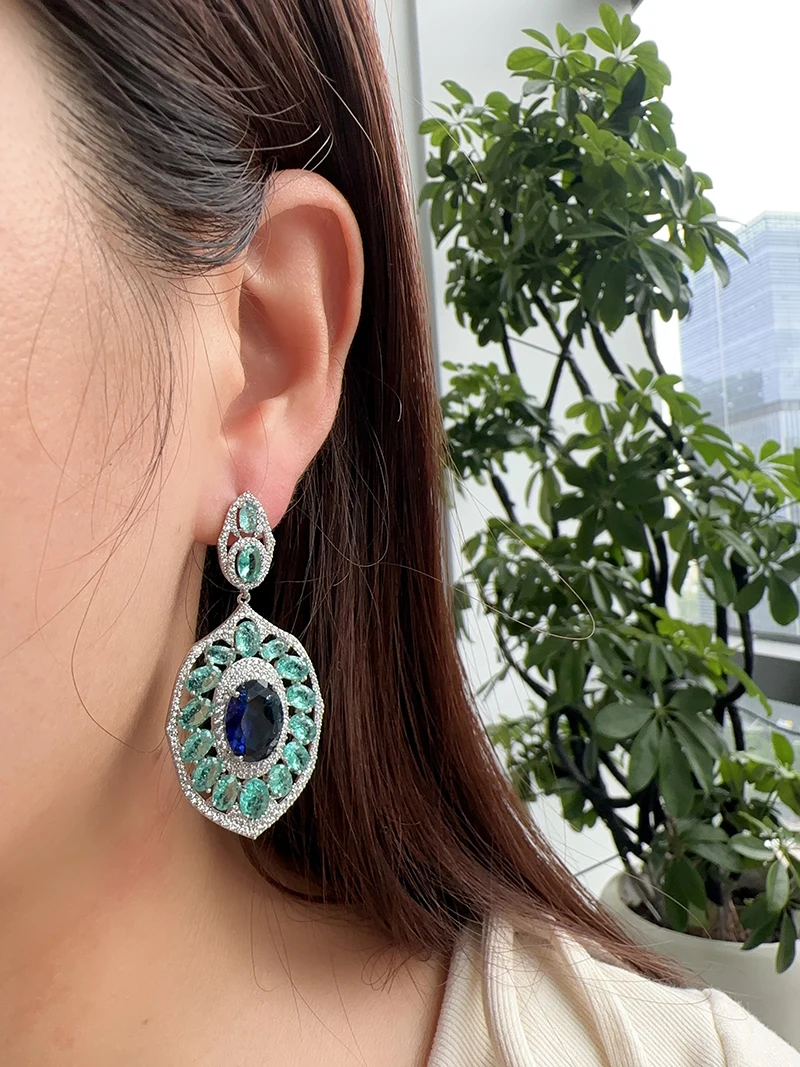 SENYU Luxury Dual-Tone Vermeil HandPave AAA Egg Shape Blue Zircon Oval Statement Earrings Charm for Women Wedding Drop Earrings