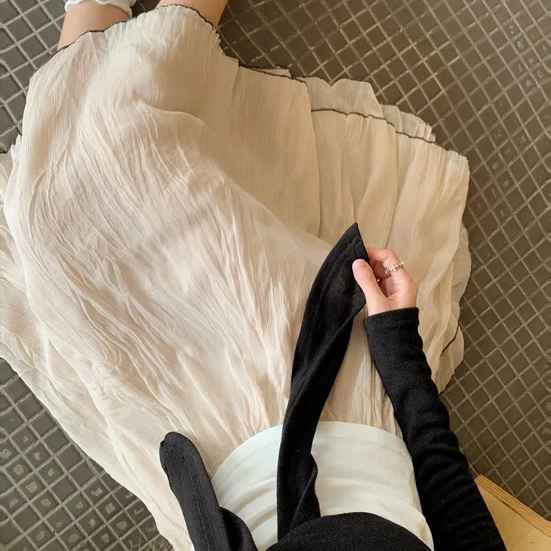 Women Beige Crinkle Texture Elastic Waist Midi Skirts Double Layer Black Trim Flowy A Line Bright Line Decoration Gentle Skirts