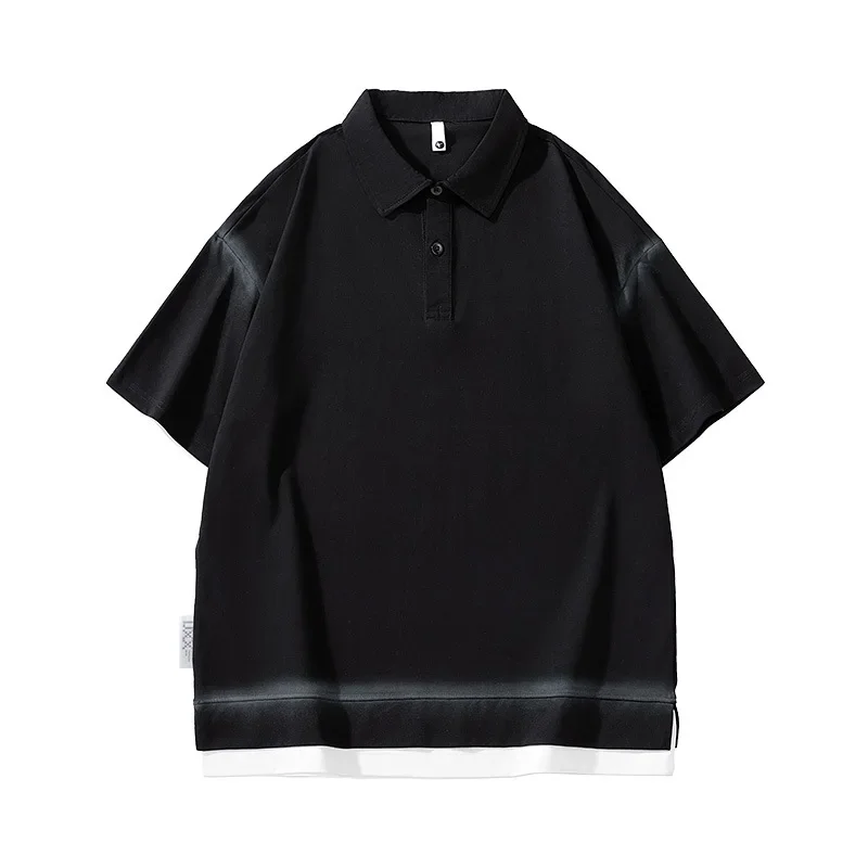 HANPAI Men's Polo Shirt Summer Trendy Spray Dyeing Heavyweight Personality Fake Two-Piece Collar T-Shirt Breathable Loose Fit