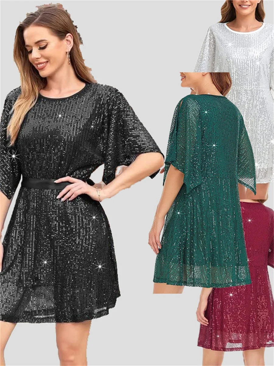 

Casual Sequins Party Dress For Women Elegant Crew Neck Half Sleeve Split Short Prom With Belt Dresses Loose Ladies Birthday Gown