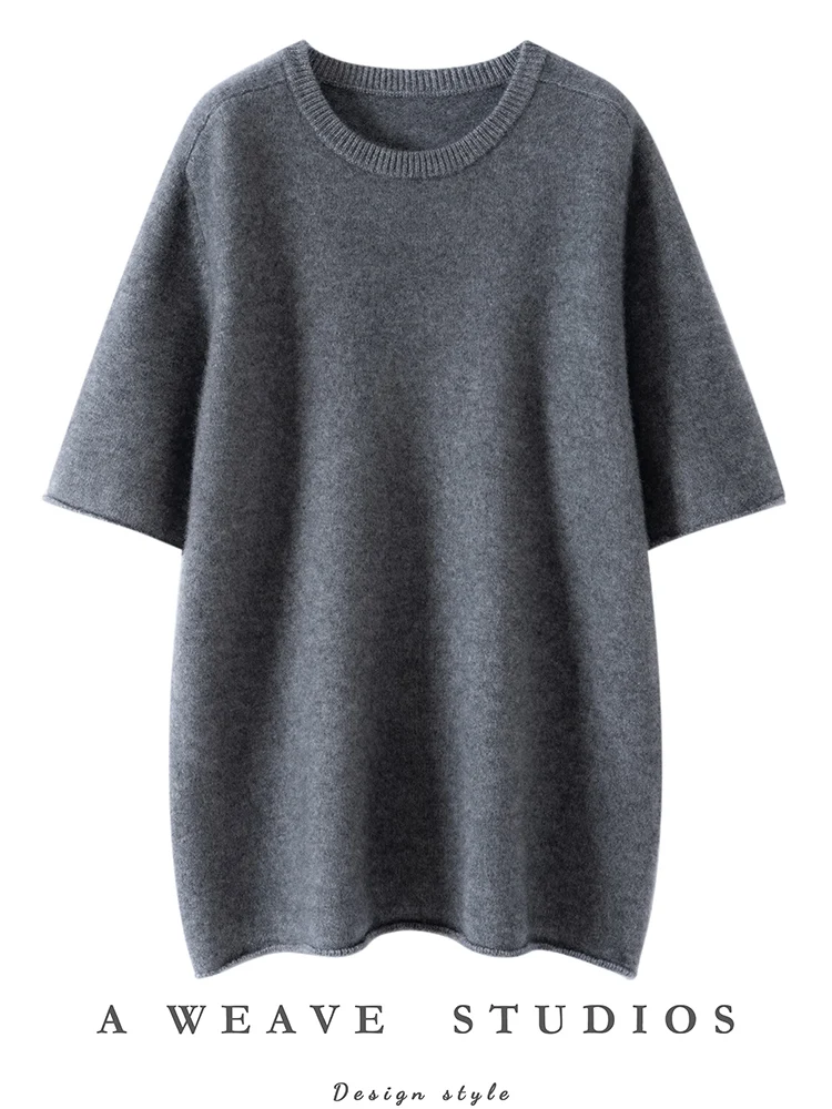 

New Chic Women 100% Cashmere Sweater O-neck Pullover Half Sleeves Loose Style Cashmere Knitwear Autumn Winter Soft Warm Clothing