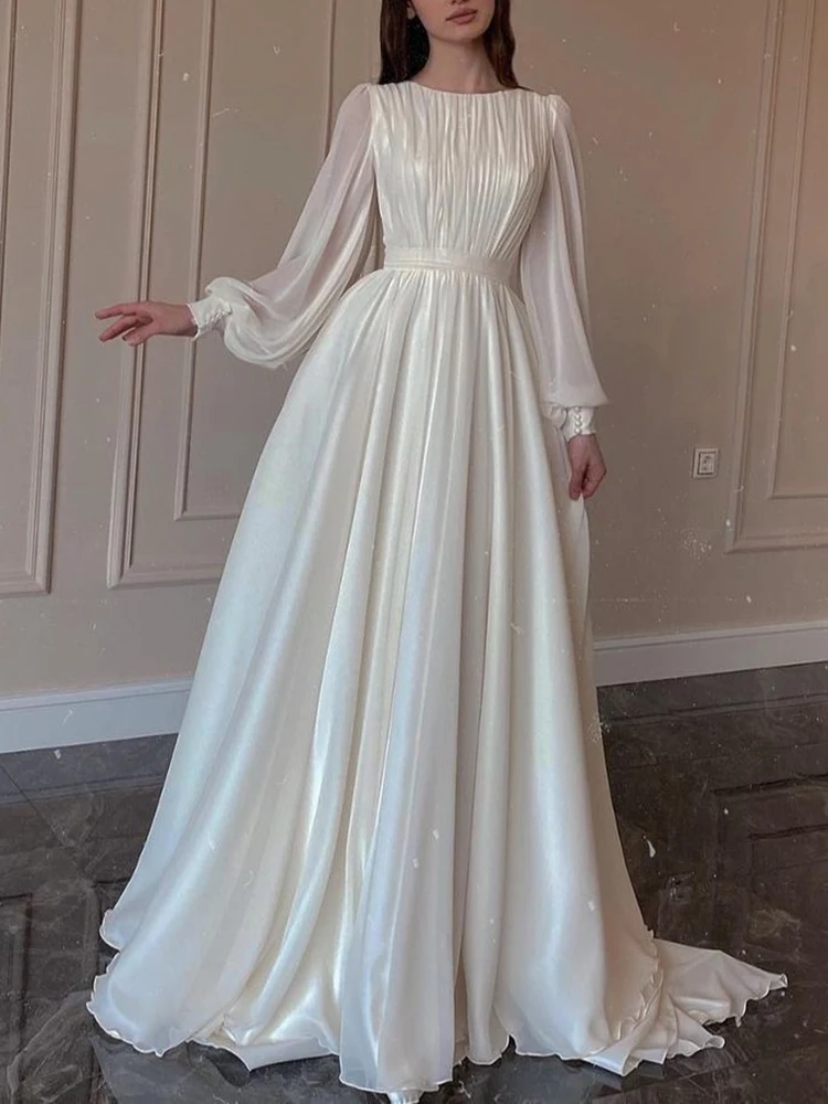 CHICEVER White Elegant Long Dress Women Round Neck Lantern Sleeve Spliced Single Button Gauze Wedding Dress Female Autumn Style