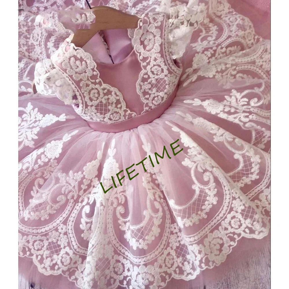 Robes de demoiselle d'honneur en dentelle rose gonflée, robe de soirée en tulle, robes de princesse d'anniversaire pour enfant, robe mignonne pour enfant, première communion