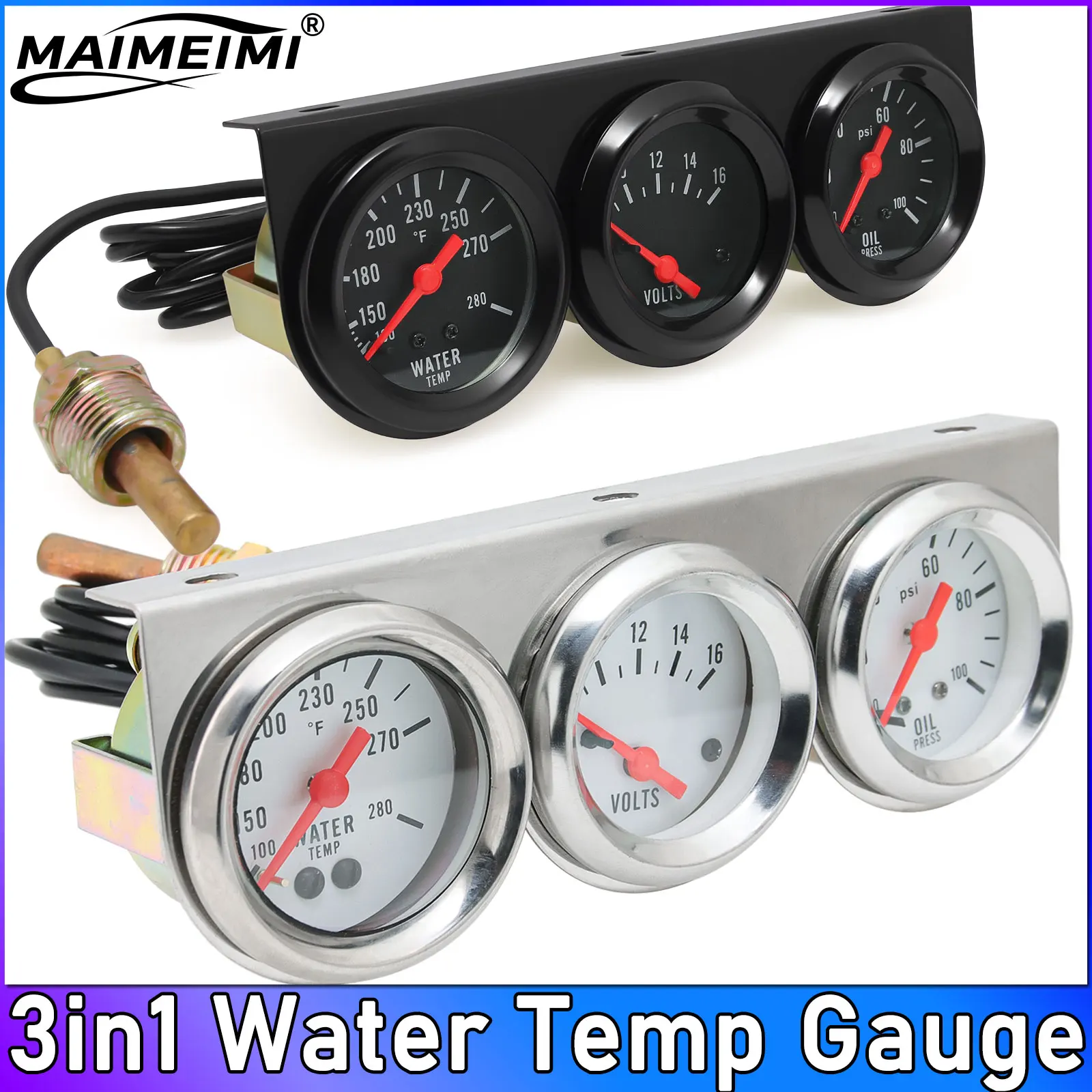 

3in1 Water Temp Gauge With Sensor 52MM Oil Pressure Gauge Volt Meter 12V Kit Car Triple Gauge Car Modification Gauge Black/Chrom