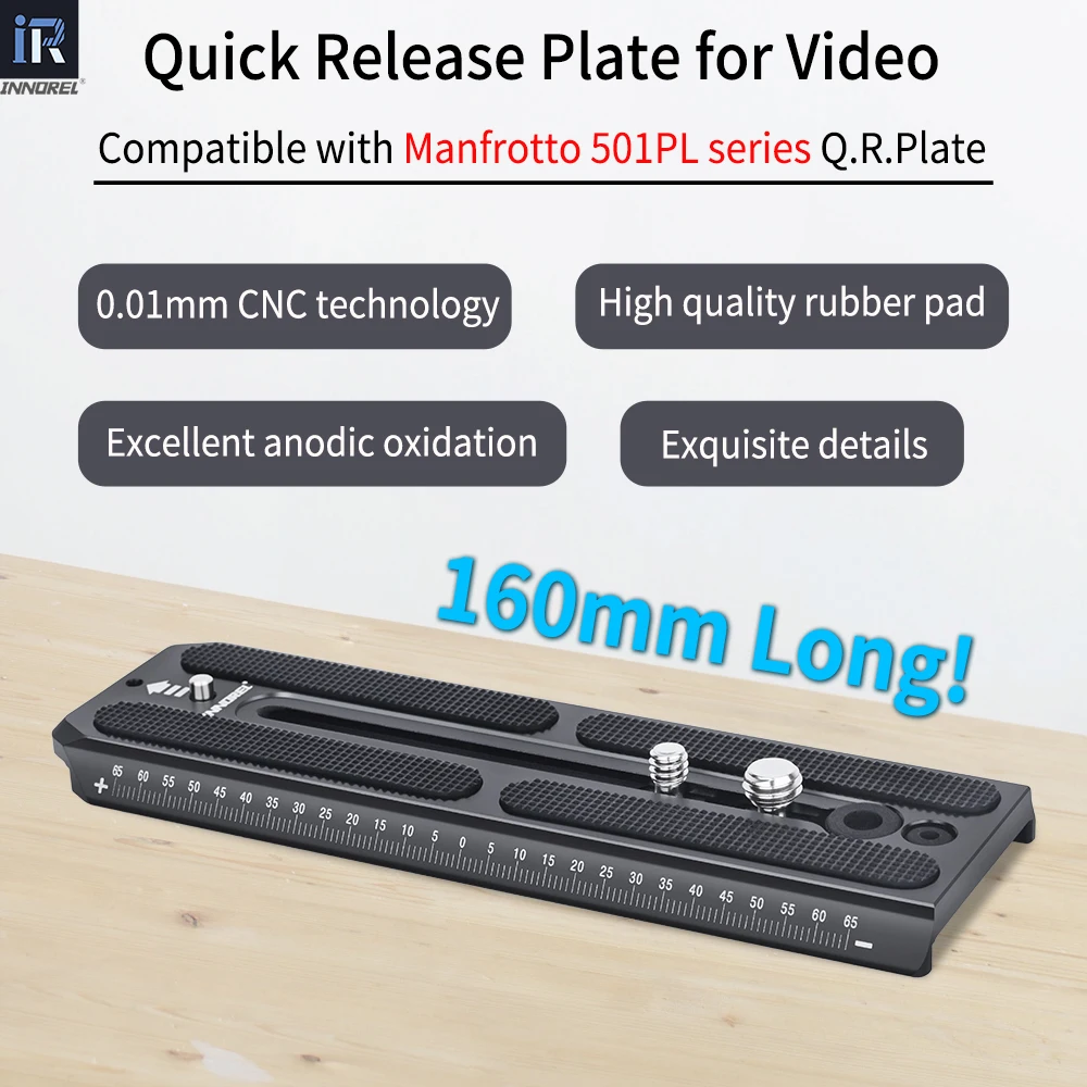 Płytka szybkiego uwalniania INNOREL QV160 kompatybilna z głowicą wideo Manfrotto serii 501PL, ze śrubami 1/4" i 3/8", szerokość 50 mm — zdjęcie produktu 2