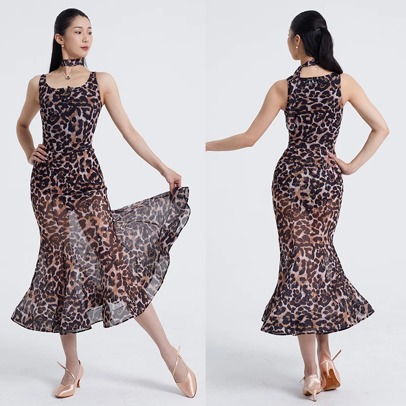 

Ballroom Dance Performance Clothes Women Summer Waltz Dance Dress Adult Prom Competition Dress Latin Dance Leopard Dress BL16394