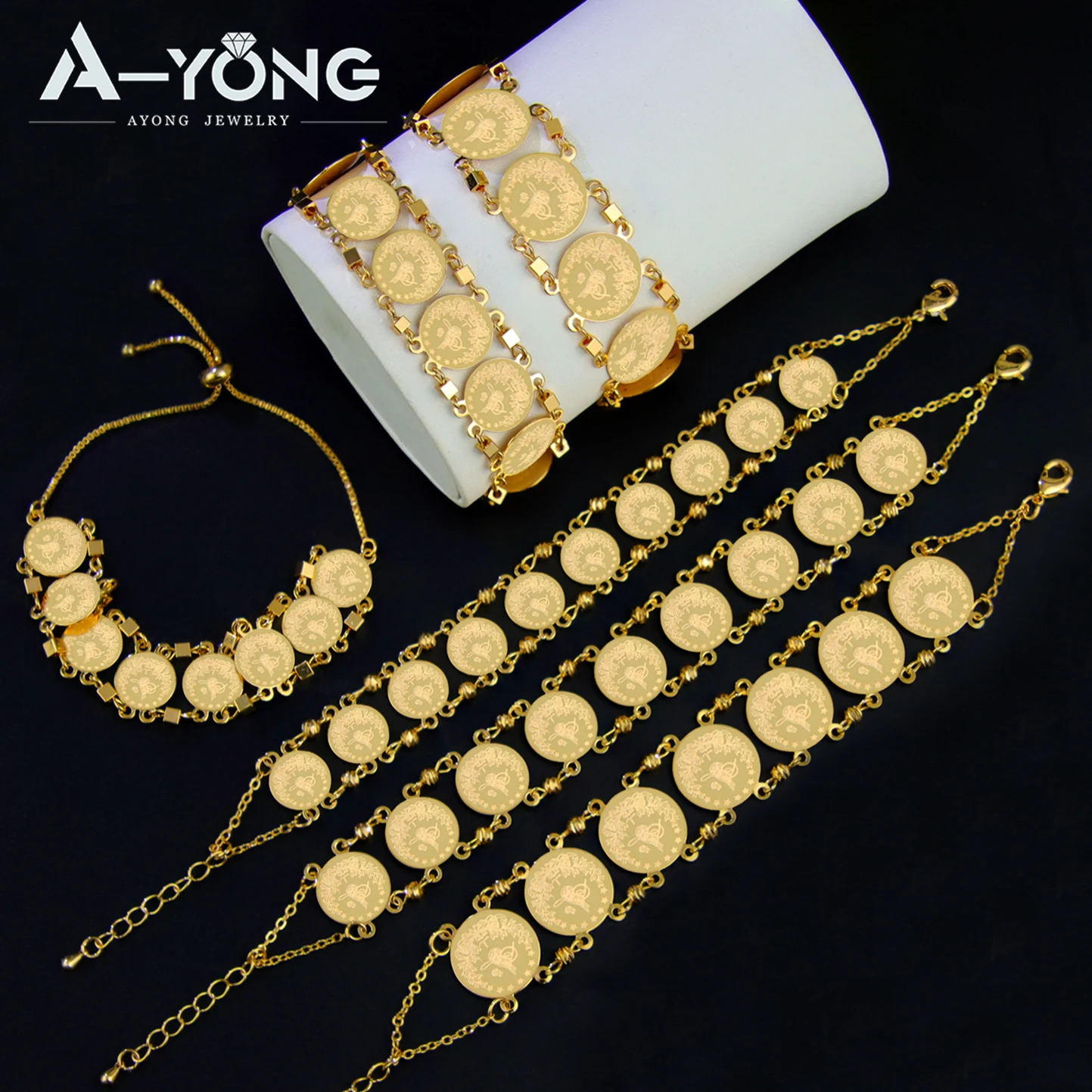 Turkish Coins Bracelet 21k Gold Plated Luxury Saudi Punk Wrap Bangles Arab Dubai Women Wedding Engagement Party Jewelry
