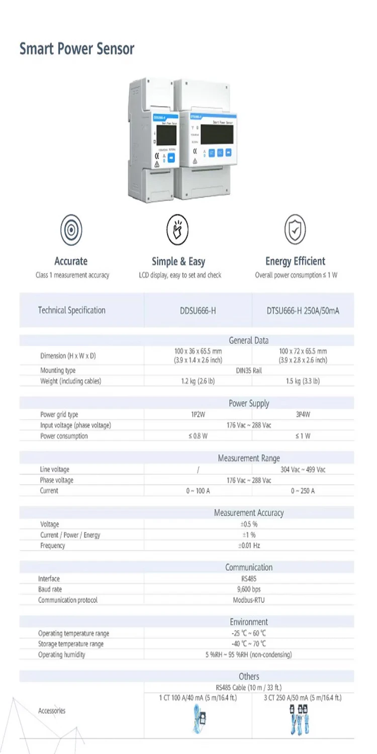 Smart Power Sensor Smart Meter Three-Phase Anti-Reverse Flow Smart Meter DTSU666-H 250A-50mA For Huawei On Grid Inverter