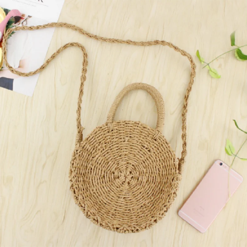 Sac à main bohème en paille pour femmes, fourre-tout rond tissé à bandoulière pour filles, sacoche de plage d\'été