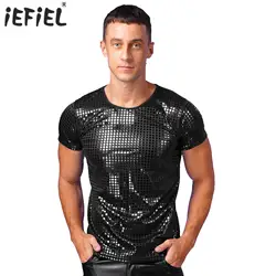 Mens Sparkle Sequin Dot Jazz Modern Dance T-Shirt Tops Round Neck Short Sleeve Performance Tops Nightclub Festivals Costumes