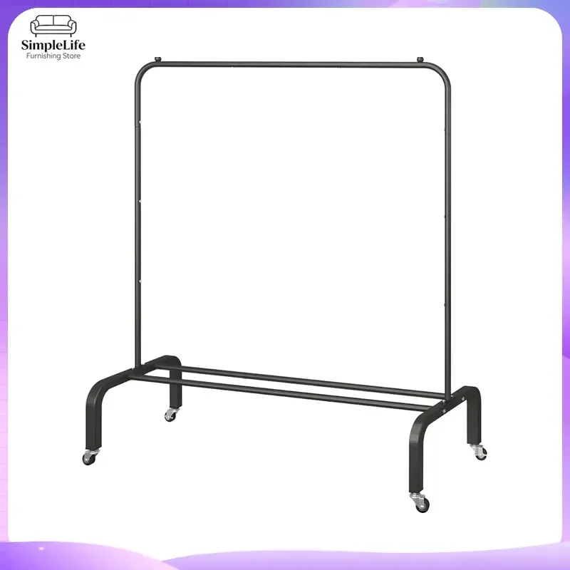 Modern Iron Coat Rack with Wheels 5 Tier 5 Hooks Portable Clothes Hanger Stand Black Metal Garment Organizer for Living Room