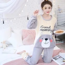 Autumn Winter Warm Flannel Women Pyjamas Sets Thick Coral Velvet Long Sleeve Sleepwear Cute Flannel Pajamas Set Home Cloth Girl