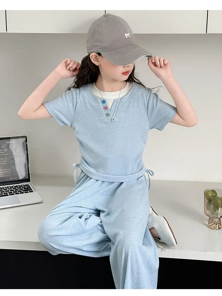 Girls Summer New Trendy Casual Short Sleeve T-shirts+Pants Sport Suits 5-14 Years Big Kids Daily Outfits Clothes Sets  -123