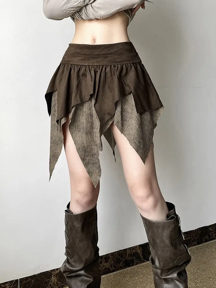 Women's Mini A-Line Skirts Vintage Asymmetrical Streetwear High-Waisted Thin Irregular Design Splicing Slim Fitting Short Skirt