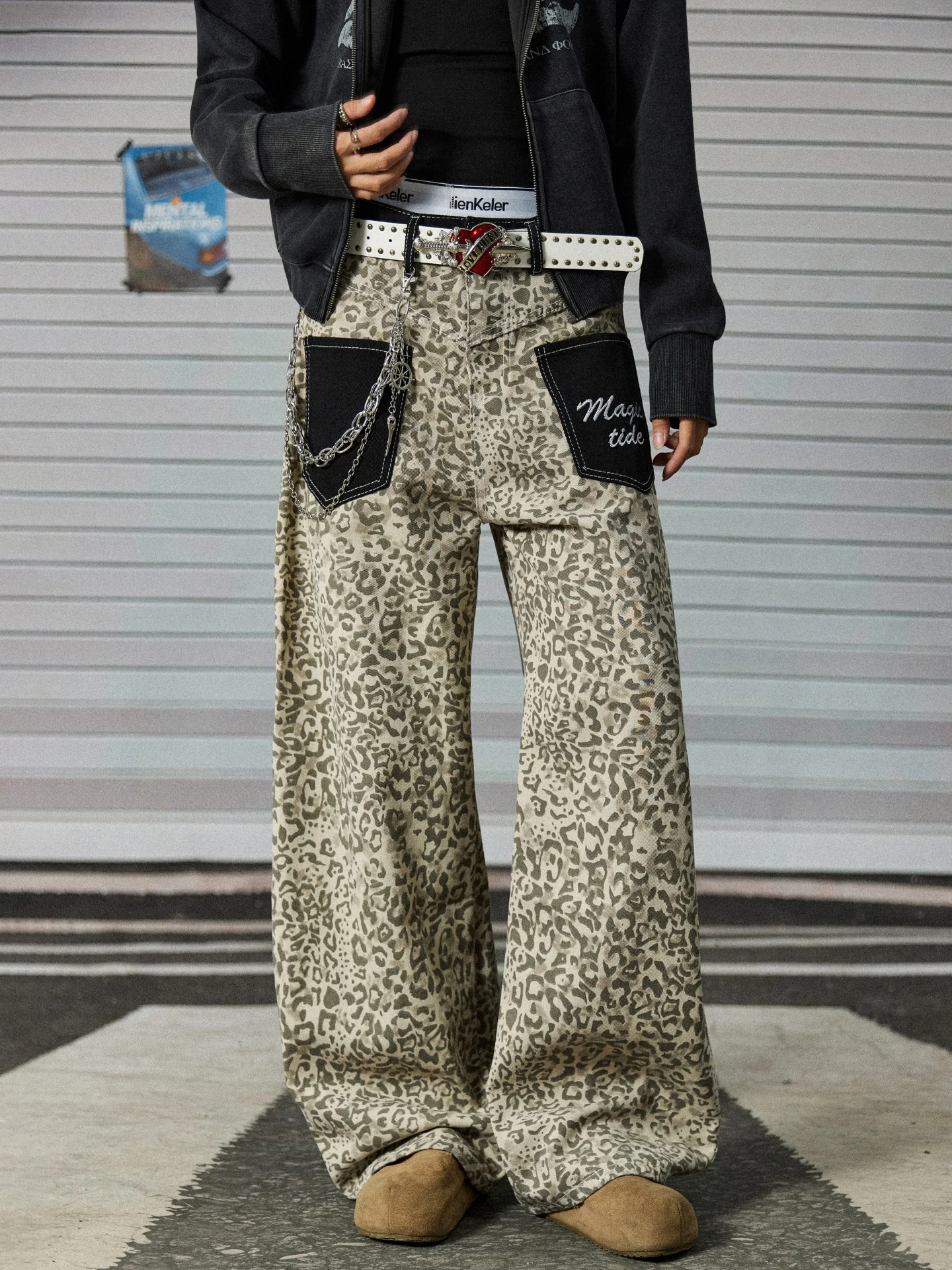 American Street Style Leopard Print Knife  Workwear Pants Men's Color Block Patch Pocket Lightweight Loose Slim Wide Leg ...