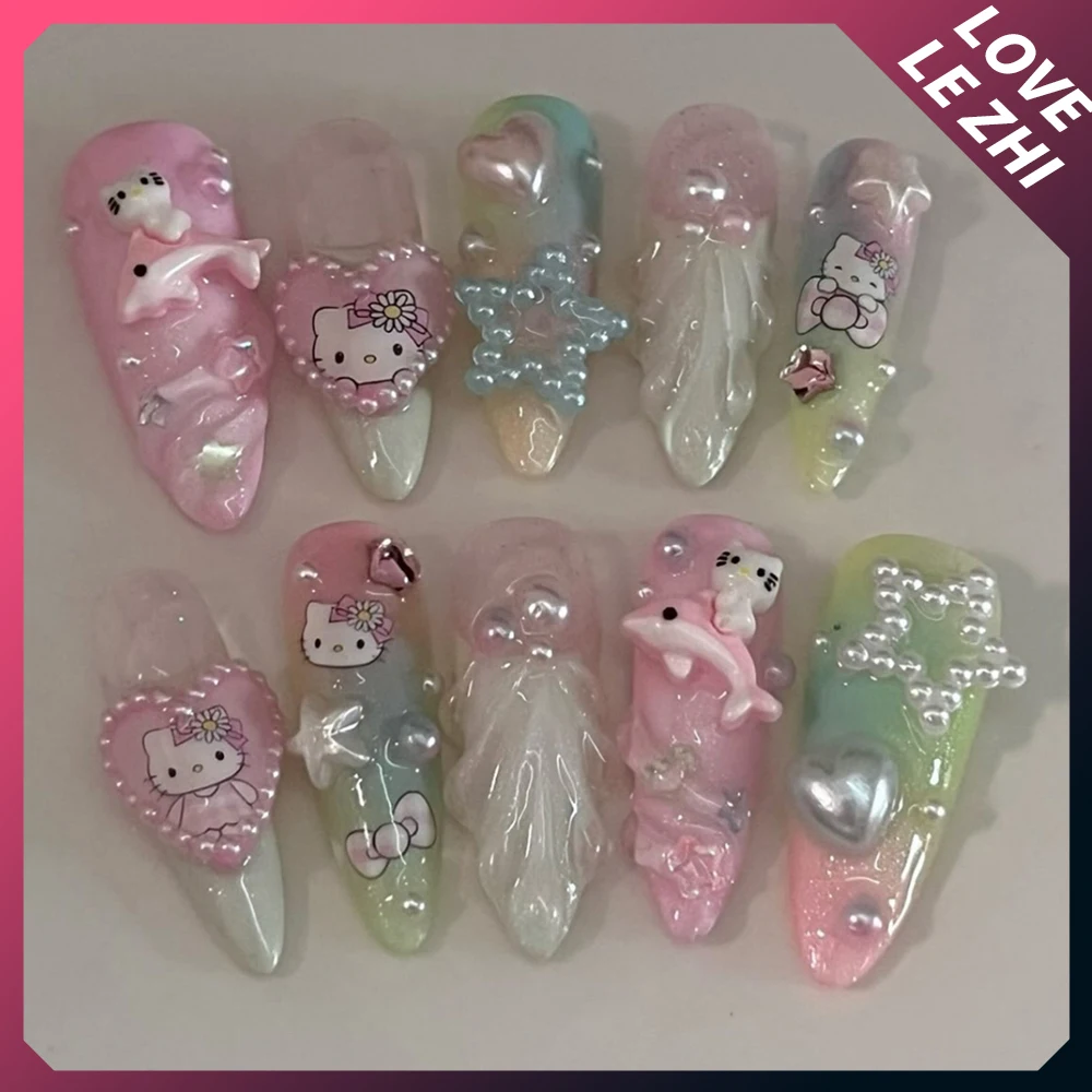 Sanrioed Hello Kittys Almond Short Handmade Press On Nails 3D Anime Cartoon Blue Pink Full Cover Manicure fatto a mano indossabile