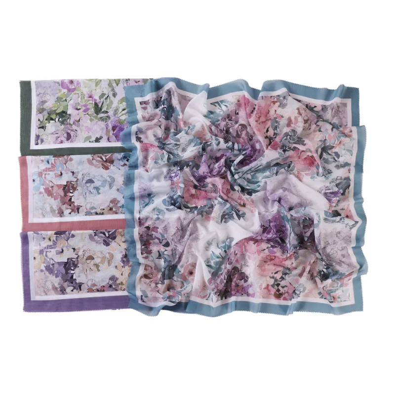

Foreign Trade All-Match Flower Printing Large Size Square Scarf Laser Cut Edge Wavy Edge Cotton and Linen Feeling Headcloth Silk